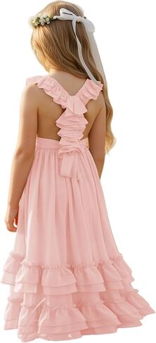 Boho Flower Girl Dress Chiffon Ruffle Backless Toddler Girls Dress for Beach Wedding Photoshoot in Saudi Arabia