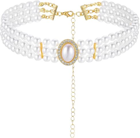 Multi-Layer Pearl Choker Necklace, Vintage 20s Faux Pearl Jewelry, Adjustable Crystal Bridal Necklace For Women in Saudi Arabia