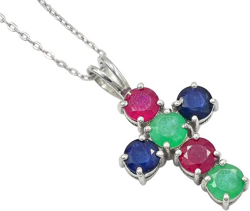 5 MM Round Cut Natural Ruby Emerald Sapphire Multi Gemstone 925 Sterling Silver Holy Cross Pendant Necklace July Birthstone Ruby Jewelry Engagement Gift For Her(PD-8305) in Saudi Arabia