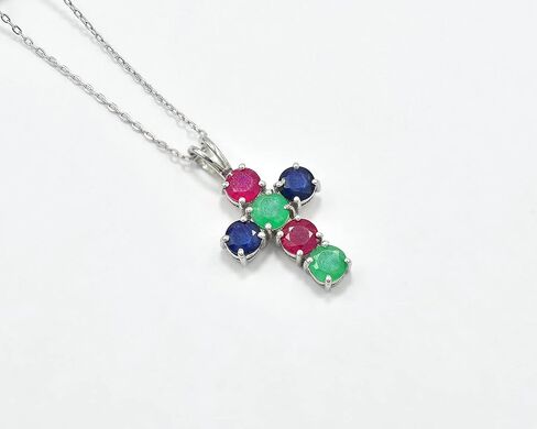 5 MM Round Cut Natural Ruby Emerald Sapphire Multi Gemstone 925 Sterling Silver Holy Cross Pendant Necklace July Birthstone Ruby Jewelry Engagement Gift For Her(PD-8305) in Saudi Arabia