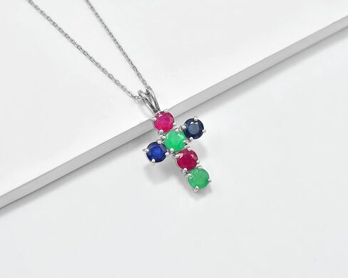 5 MM Round Cut Natural Ruby Emerald Sapphire Multi Gemstone 925 Sterling Silver Holy Cross Pendant Necklace July Birthstone Ruby Jewelry Engagement Gift For Her(PD-8305) in Saudi Arabia