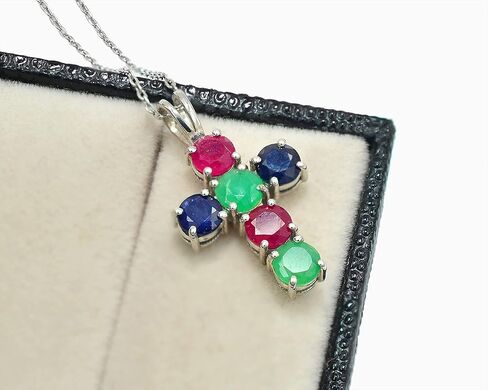 5 MM Round Cut Natural Ruby Emerald Sapphire Multi Gemstone 925 Sterling Silver Holy Cross Pendant Necklace July Birthstone Ruby Jewelry Engagement Gift For Her(PD-8305) in Saudi Arabia