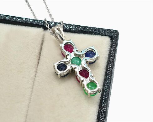 5 MM Round Cut Natural Ruby Emerald Sapphire Multi Gemstone 925 Sterling Silver Holy Cross Pendant Necklace July Birthstone Ruby Jewelry Engagement Gift For Her(PD-8305) in Saudi Arabia