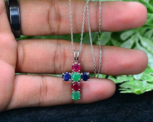 5 MM Round Cut Natural Ruby Emerald Sapphire Multi Gemstone 925 Sterling Silver Holy Cross Pendant Necklace July Birthstone Ruby Jewelry Engagement Gift For Her(PD-8305) in Saudi Arabia