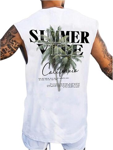 Men's Sleeveless Summer Tank Tops Tropical Crew Neck Cool Cut Off Muscle Shirts in Saudi Arabia
