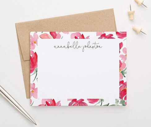 Personalized Watercolor Floral Note Cards, Custom Floral Stationary Set, FLAT Florals Note cards, Your choice of Colors and Quantity in Saudi Arabia