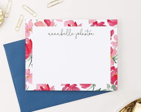 Personalized Watercolor Floral Note Cards, Custom Floral Stationary Set, FLAT Florals Note cards, Your choice of Colors and Quantity in Saudi Arabia