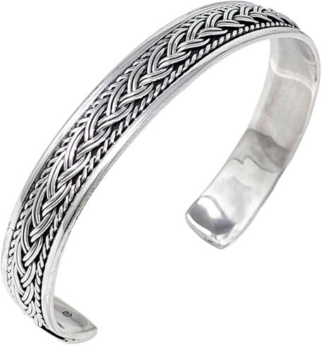 Men's Silver Bracelet Bangle Open Cuff Braided Details - Made From Solid 925 Sterling Silver in Saudi Arabia