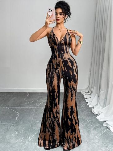 GothDark Women's Sexy Jumpsuit V Neck Spaghetti Strap Tie Dye High Waist Flared Bodycon Party Clubwear Y2K Outfits in Saudi Arabia