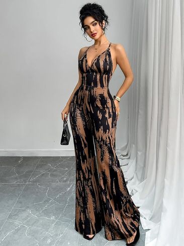 GothDark Women's Sexy Jumpsuit V Neck Spaghetti Strap Tie Dye High Waist Flared Bodycon Party Clubwear Y2K Outfits in Saudi Arabia