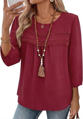 قطع علوية نسائية بأكمام طويلة 3/4 من Ivicoer، بلوزات شيفون غير رسمية أنيقة بياقة دائرية، ملابس بوهو عصرية بحاشية من الدانتيل 2026 in Kuwait