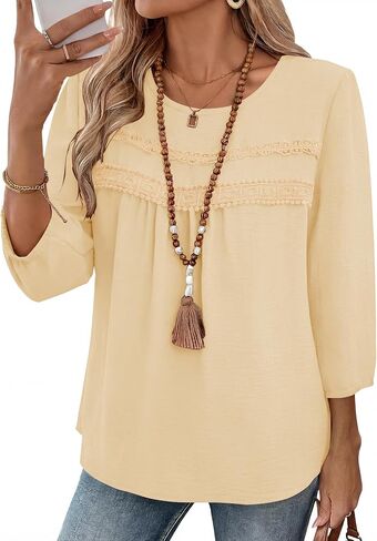 Ivicoer 3/4 Length Sleeve Womens Tops Crewneck Dressy Casual Chiffon Blouses Flowy Lace Hem Boho Clothing Trendy 2026 in Saudi Arabia