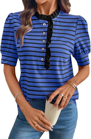BLENCOT Summer T Shirt for Women Casual Puff Sleeve Button Down Ruffle Collar Striped Knit Blouse Tops in Saudi Arabia