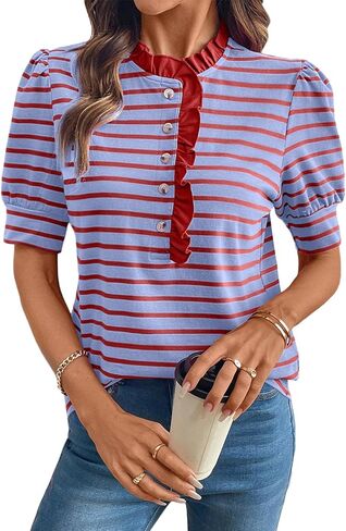 BLENCOT Summer T Shirt for Women Casual Puff Sleeve Button Down Ruffle Collar Striped Knit Blouse Tops in Saudi Arabia
