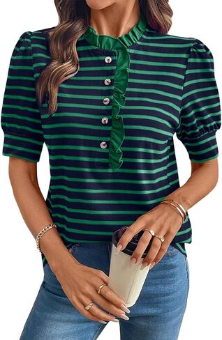 BLENCOT Summer T Shirt for Women Casual Puff Sleeve Button Down Ruffle Collar Striped Knit Blouse Tops in Saudi Arabia