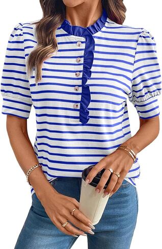 BLENCOT Summer T Shirt for Women Casual Puff Sleeve Button Down Ruffle Collar Striped Knit Blouse Tops in Saudi Arabia