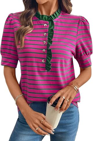 BLENCOT Summer T Shirt for Women Casual Puff Sleeve Button Down Ruffle Collar Striped Knit Blouse Tops in Saudi Arabia