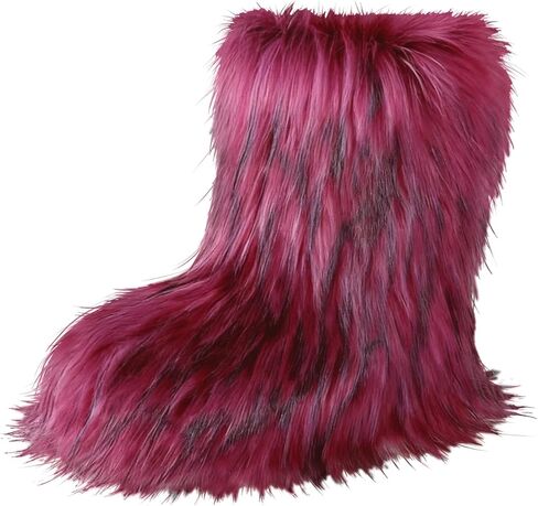 Women's Fashion Furry Faux Fur Boots Fuzzy Fluffy Mid-Calf Round Toe Snow Boots Comfy Plush Warm Short Outdoor Indoor Flat Shoes in Saudi Arabia