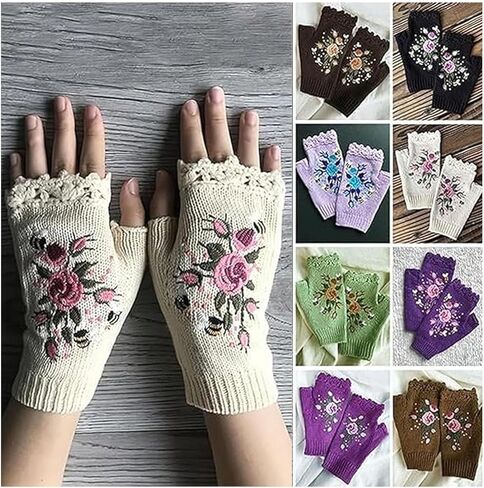 Women's Hand Embroidered Knitted Flower Fingerless Gloves, Purple, One Size in Saudi Arabia