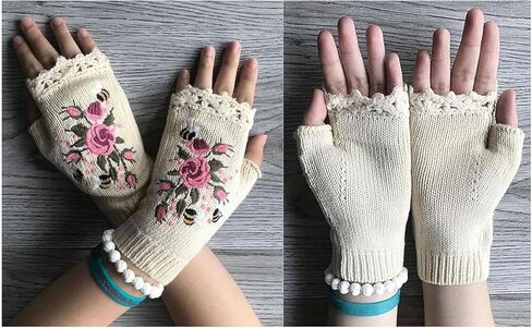 Women's Hand Embroidered Knitted Flower Fingerless Gloves, Purple, One Size in Saudi Arabia
