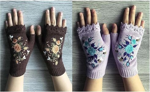 Women's Hand Embroidered Knitted Flower Fingerless Gloves, Purple, One Size in Saudi Arabia