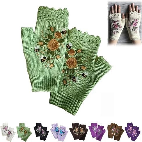 Women's Hand Embroidered Knitted Flower Fingerless Gloves, Purple, One Size in Saudi Arabia