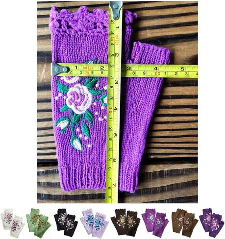 Women's Hand Embroidered Knitted Flower Fingerless Gloves, Purple, One Size in Saudi Arabia