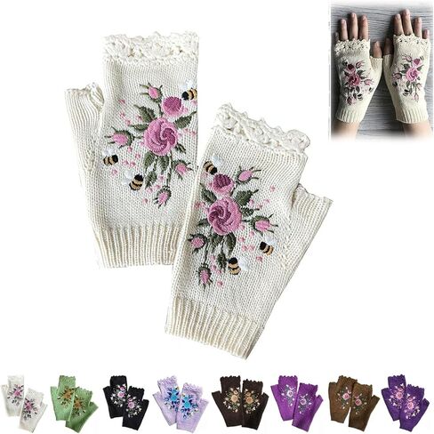 Women's Hand Embroidered Knitted Flower Fingerless Gloves, Purple, One Size in Saudi Arabia