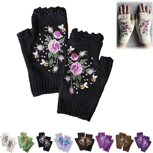Women's Hand Embroidered Knitted Flower Fingerless Gloves, Purple, One Size in Saudi Arabia