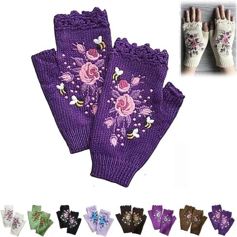 Women's Hand Embroidered Knitted Flower Fingerless Gloves, Purple, One Size in Saudi Arabia