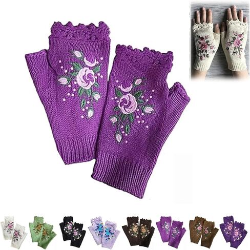 Women's Hand Embroidered Knitted Flower Fingerless Gloves, Purple, One Size in Saudi Arabia