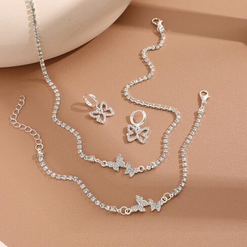 Butterfly Bracelet Necklace Earrings Set for Women Silver Chain Bracelet Dangle Earring Dainty Butterfly Pendant Choker Jewelry Set for Wedding Prom Anniversary Birthday Gifts in Saudi Arabia