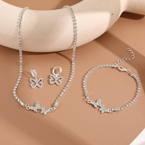 Butterfly Bracelet Necklace Earrings Set for Women Silver Chain Bracelet Dangle Earring Dainty Butterfly Pendant Choker Jewelry Set for Wedding Prom Anniversary Birthday Gifts in Saudi Arabia