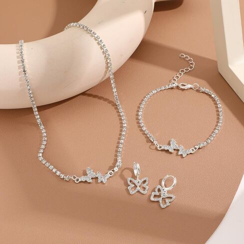 Butterfly Bracelet Necklace Earrings Set for Women Silver Chain Bracelet Dangle Earring Dainty Butterfly Pendant Choker Jewelry Set for Wedding Prom Anniversary Birthday Gifts in Saudi Arabia