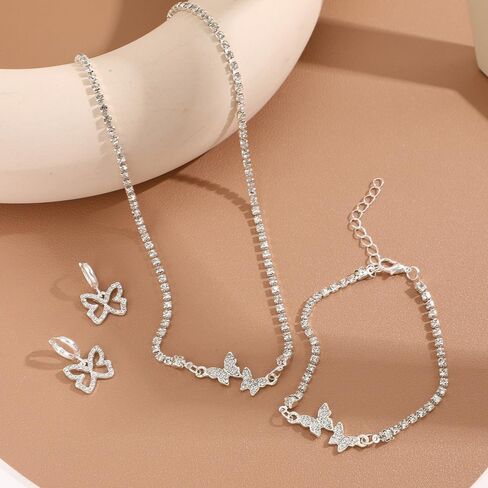 Butterfly Bracelet Necklace Earrings Set for Women Silver Chain Bracelet Dangle Earring Dainty Butterfly Pendant Choker Jewelry Set for Wedding Prom Anniversary Birthday Gifts in Saudi Arabia