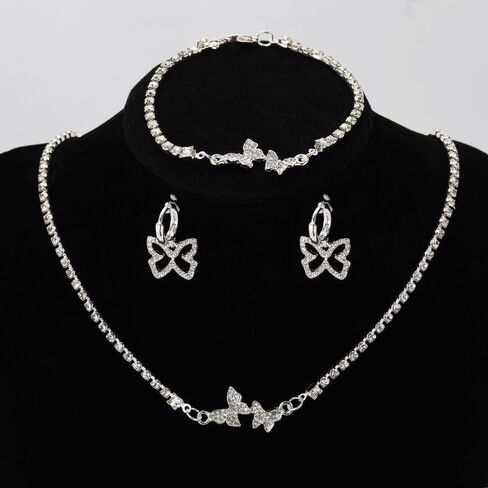 Butterfly Bracelet Necklace Earrings Set for Women Silver Chain Bracelet Dangle Earring Dainty Butterfly Pendant Choker Jewelry Set for Wedding Prom Anniversary Birthday Gifts in Saudi Arabia