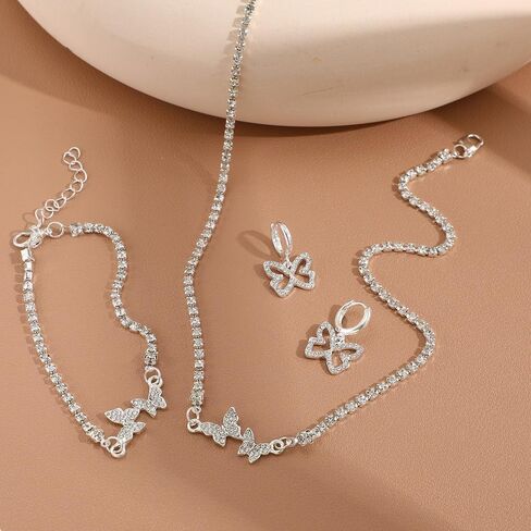 Butterfly Bracelet Necklace Earrings Set for Women Silver Chain Bracelet Dangle Earring Dainty Butterfly Pendant Choker Jewelry Set for Wedding Prom Anniversary Birthday Gifts in Saudi Arabia