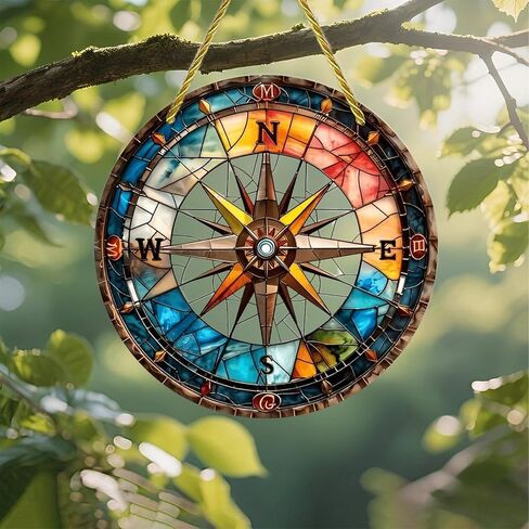 Colorful Acrylic Suncatcher, Stained Glass Compass Rose 7-inch Hanging Window Wall Art Decor with Printed Stained Glass Style Design, Gift Idea & Garden Ornament Indoor Outdoor Use in Saudi Arabia