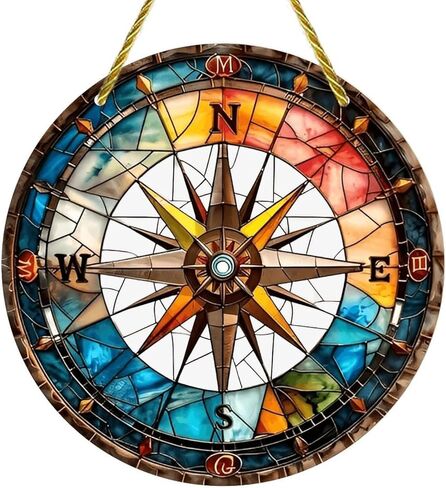 Colorful Acrylic Suncatcher, Stained Glass Compass Rose 7-inch Hanging Window Wall Art Decor with Printed Stained Glass Style Design, Gift Idea & Garden Ornament Indoor Outdoor Use in Saudi Arabia