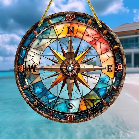 Colorful Acrylic Suncatcher, Stained Glass Compass Rose 7-inch Hanging Window Wall Art Decor with Printed Stained Glass Style Design, Gift Idea & Garden Ornament Indoor Outdoor Use in Saudi Arabia