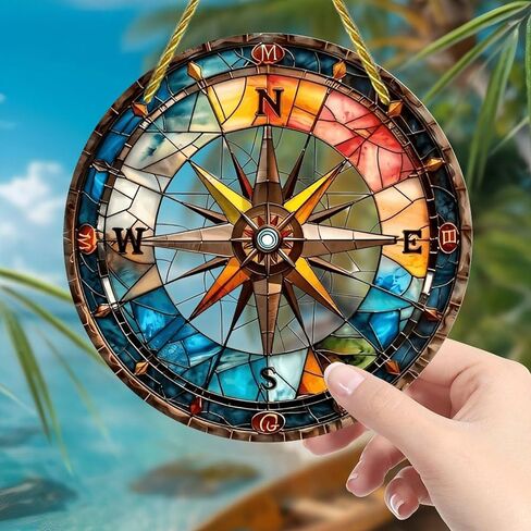 Colorful Acrylic Suncatcher, Stained Glass Compass Rose 7-inch Hanging Window Wall Art Decor with Printed Stained Glass Style Design, Gift Idea & Garden Ornament Indoor Outdoor Use in Saudi Arabia