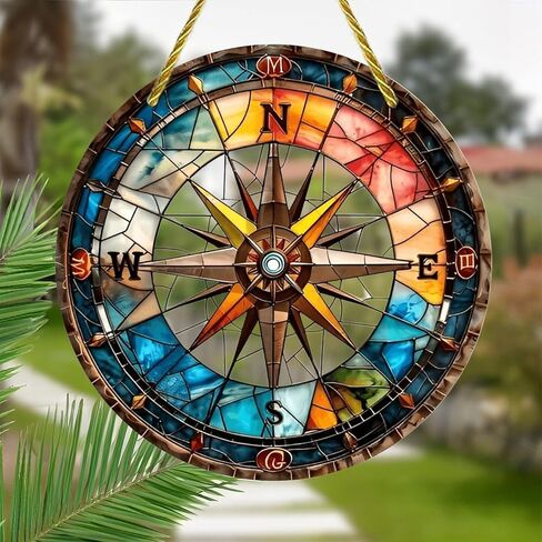 Colorful Acrylic Suncatcher, Stained Glass Compass Rose 7-inch Hanging Window Wall Art Decor with Printed Stained Glass Style Design, Gift Idea & Garden Ornament Indoor Outdoor Use in Saudi Arabia