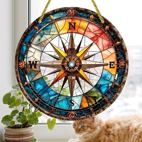 Colorful Acrylic Suncatcher, Stained Glass Compass Rose 7-inch Hanging Window Wall Art Decor with Printed Stained Glass Style Design, Gift Idea & Garden Ornament Indoor Outdoor Use in Saudi Arabia