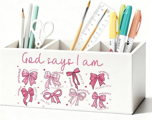 حامل قلم رصاص على شكل قوس وردي من Coquette للمكتب، ديكور مكتب جرلي، ديكورات صندوق خشبي جمالي بقوس وردي جميل لغرفة نوم البنات وغرفة النوم والمكتب والمكتب والطاولة in Kuwait