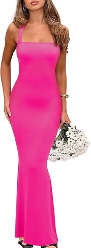 REORIA Sexy Square Neck Sleeveless Elegant Ribbded Long Maxi Dress Wedding Guest Dresses for Women 2026 Summer in Saudi Arabia