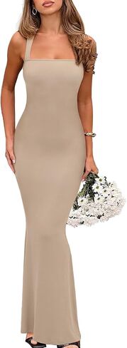 REORIA Sexy Square Neck Sleeveless Elegant Ribbded Long Maxi Dress Wedding Guest Dresses for Women 2026 Summer in Saudi Arabia