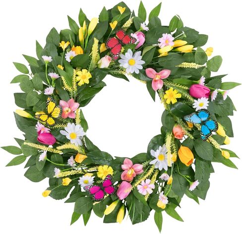 U'Artlines 20Inch Tulip Wreath for Front Door, Spring Summer Silk Wreath with Green Leaves Artificial Tulip Flower Wreaths for All Seasons Window Wall Wedding Valentines Day Decor in Kuwait