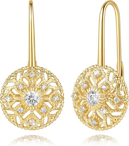 Eloqueen 14K Gold Drop Earrings Dangle Earrings for Women Leverback Dangle with Cubic Zirconia with Engraved Details 14K Gold Earring for Women 14/16mm in Kuwait