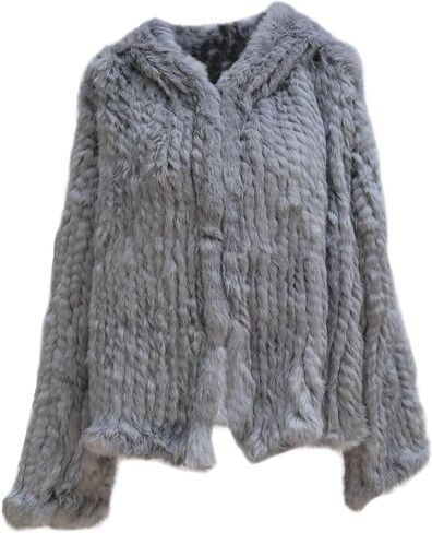 Women's Real Rabbit Fur Coat Loose Hooded Flare Sleeves Thickened Genuine Fur Jacket Short Streetwear in Saudi Arabia