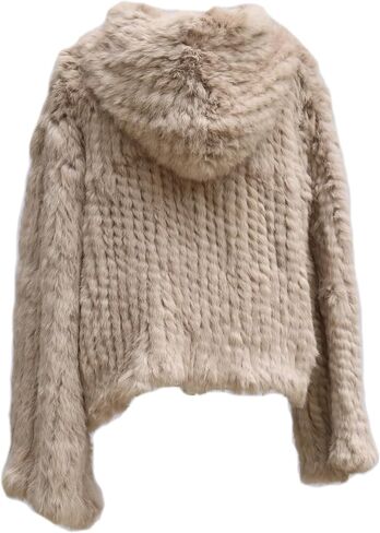 Women's Real Rabbit Fur Coat Loose Hooded Flare Sleeves Thickened Genuine Fur Jacket Short Streetwear in Saudi Arabia